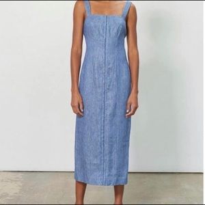 Mara Hoffman Irene Blue Linen Pin Striped Hook Eye Midi Tank Dress Sz 0